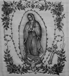 an image of the virgin mary with roses and vines around it, in black and white