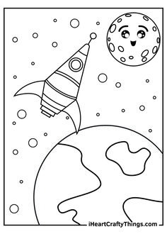 a coloring page with a rocket ship flying over the earth and stars in the sky