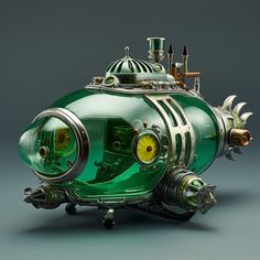 a green submarine shaped object with yellow eyes