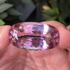 a person holding a large pink diamond in their hand with greenery behind it on the other side