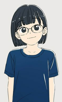 a drawing of a person wearing glasses and a blue t - shirt with black hair