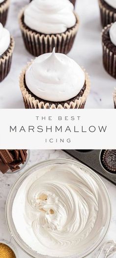 the best marshmallow icing recipe for cupcakes and desserts with white frosting on top