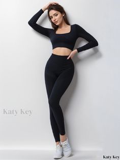 Katykey - Premium Womens Seamless Long Sleeve Crop Top and High Waist Leggings Set, Exceptional Stretch for Fitness and Sports Activities Stretch Seamless Fabric Activewear For Loungewear, Stretch Seamless Activewear For Loungewear, Seamless Stretch Activewear For Loungewear, Seamless Stretch Loungewear Activewear, Seamless Snug Fit Activewear For Loungewear, Seamless High Stretch Sportswear Sets, Seamless Stretch Sets For Loungewear, Yoga Sets Stretch Seamless, Seamless Solid Yoga Sets