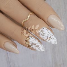 This design was created by Ivory for the Bridal Collection. It features a nude nail with a simple gold sparkle, a lace print with some stunning Swarovski crystals. **ONGOING PROMOTION: Buy one pre-designed set and get a one color co-ordinating nail set FREE! - Designers will pick the free color choice and it will be added to your order automatically** *Nails are all handmade and therefore each nail design will vary slightly from our pictures as a result* CUSTOMIZATION OPTIONS: It Designs prides Lace Nail Design, Hand Fasting, Nude Nail, Bridal Hair Inspiration, Lace Nails, Nail Length, Lace Print, Nail Sizes, Gold Sparkle