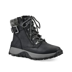 Cliffs by White Mountain-Tracking Snow Boot Feel free to walk in a winter wonderland with the Tracking snow boots from Cliffs by White Mountain. This durable pair is crafted with a durable sole that offers traction with every step. Complete with a classic silhouette and a cozy knit cuff around the ankle. Click here for Boot Measuring Guide. Mountain Tracking, Black Scratch-resistant Hiking Boots, Black Mid-top Hiking Boots For Walking, Black Lace-up Boots Medium Width For Winter, Insulated Black Lace-up Boots, Black Impact-resistant Winter Boots, Snow Boot, White Mountain, Cozy Knit