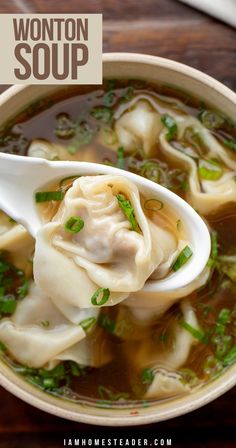 Overhead image of a white soup spoon holding a wonton garnished with green onion, being held over a tan colored bowl filled with a brown broth and more wontons and green onion. Pork Wontons, Wonton Recipe, Recipe Soup, Wonton Recipes, Chinese Cooking Recipes, Dinner Chicken