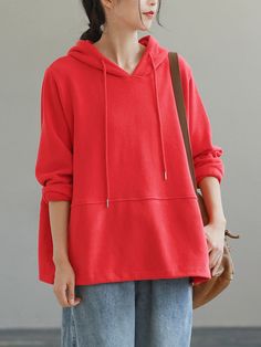 Sku CY-!89361 Material >50%Cotton Style Loose , Long Sleeves Feature Drawstring , Hooded , Solid Color Neckline Hooded Occasion Casual , Simple , Vintage Seasons Spring , Autumn , Winter Type Hoodies&sweatshirt Tops Color RED,KHAKI Size FREE SIZE Please consult the size chart we provide for this item's measurements to help you decide which size to buy.Please note: There may be 1-3cm differ due to manual measurement.CMINCH Bust Waist Shoulder Sleeve Hemline Top Length Sleeve Opening FREE SIZE 122 Boho Style Dresses, Urban Looks, Casual Jumpsuit, Kids Sweater, Sweater Making, Cozy Fashion, Cotton Style, Free Size, Plus Size Fashion