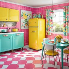 a brightly colored kitchen with pink and yellow accents