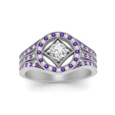 a white gold ring with purple and white diamonds on the sides, set in 18k white gold