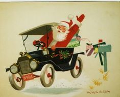 an old - fashioned christmas card features santa claus driving a car with gifts in it