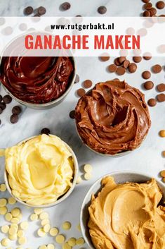 three small bowls filled with peanut butter and chocolate ganache make - up on a table