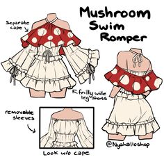 SHOP NYAHALLO.COM Mushroom Swimsuit Drawing, Mushroom Dress Drawing, Mushroom Outfit Drawing, Mushroom Outfit, Swim Romper, Clothing Sketches, Dress Design Drawing, Clothing Design Sketches, Drawing Anime Clothes