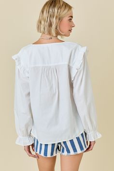 Long sleeve Poplin Blouse Ruffle Detail Relaxed Fit Long Sleeve Poplin Blouse, Oversized Long Sleeve Blouse With Ruffles, Cotton Ruffle Button-up Blouse, Daywear Ruffled Button-up Blouse, Relaxed Fit V-neck Ruffle Blouse, Poplin Blouse, Black And Navy, White And Black, Ruffle Blouse