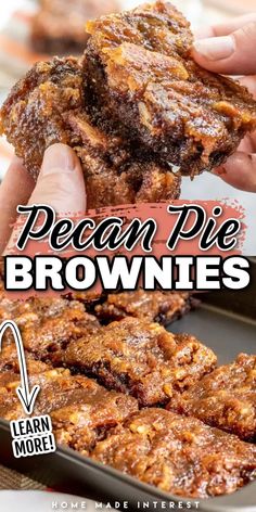 pecan pie brownies are stacked on top of each other