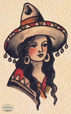 a drawing of a woman wearing a sombrero