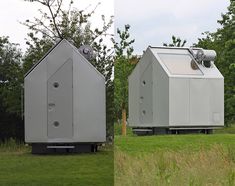 two different views of the same portable home in an open field with trees and grass