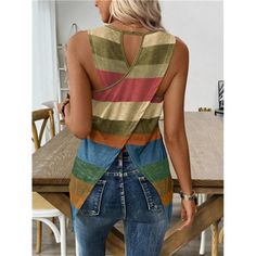 -Item Id 39723347 -Details: Cut Out, Asymmetrical, Wrap -Neckline: Round Neck -Style: Casual -Type: Tank -Hem Shaped: Asymmetrical -Color: Multicolor -Pattern Type: Colorblock, Striped -Length: Regular -Fit Type: Loose -Fabric: Medium Stretch -Material: Knitted Fabric -Composition: 95% Polyester, 5% Elastane -Care Instructions: Machine Wash, Do Not Dry Clean,Wash With The Soft Detergent -Pockets: No -Sheer: Semi-Sheer **Open To Offers!!!** **Bundle To Save More** **30% Off Bundles Of 2 Or More I Spring Multicolor Stretch Vest, Multicolor Stretch Sleeveless Tops, Trendy Multicolor Sleeveless Tops, Chic Multicolor Sleeveless Blouse Tank Top, Multicolor Vest-style Cami Tops, Multicolor Sleeveless Cotton Tank Top, Multicolor Cotton Sleeveless Blouse Tank Top, Multicolor Sleeveless Tops For Layering, Chic Multicolor Cami Tank Top