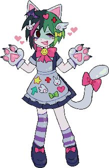 a drawing of a cat girl holding two hearts and an object in one hand, with the other hand on her hip