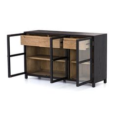 the sideboard is made from wood and has two open shelves on each side, one with