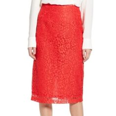 Energize Your Power Wardrobe With This Polished Pencil Skirt Of Pretty Lace Popped With Fresh Color. Red Hibiscus Color Style. Polyester Lining. Condition: New With Outlet Tag Closure: Zipper Back Approximate Measurements, In Inches Waist: 13 1/2 Waist To Hem: 28 100% Polyester Elegant Red Midi Pencil Skirt, Red Knee-length Pencil Skirt For Spring, Red Pencil Skirt For Formal Occasions, Red Office Skirt For Spring, Red Formal Pencil Skirt, Red Knee-length Pencil Skirt For Formal Occasions, Chic Red Pencil Skirt For Spring, Red Lined Pencil Skirt For Spring, Red Skirt For Office