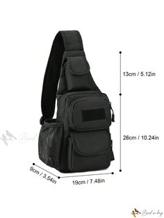 an image of a black sling bag with measurements