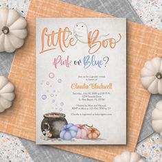 An adorable gender reveal invitation for your little boo! October Baby Gender Reveal Ideas, October Theme Gender Reveal, Boo Baby Gender Reveal, Simple Fall Gender Reveal Ideas, Gender Reveal Ideas For October, Booy Or Ghoul Gender Reveal Ideas, Little Boo Gender Reveal, Halloween General Reveal, Boo-y Or Ghoul Gender Reveal