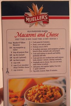 a menu for macaroni and cheese is shown in the package, with information about it