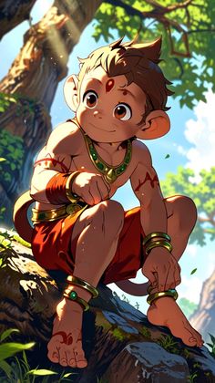 a young boy sitting on top of a tree branch