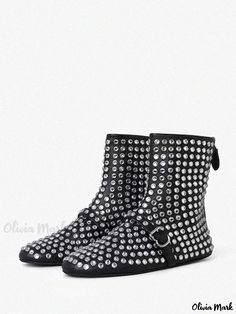 Olivia Mark - Women's Ankle Boots with Rhinestones and Flat Soles Winter Ankle-high Boots With Studded Rubber Outsoles, Fitted Studded Ankle Boots, Ankle-high Boots With Silver Studs For Evening, Leather Rhinestone Ankle-high Boots, Black Ankle Boots With Silver Studs, Women's Ankle Boots, Womens Ankle Boots, Olivia Mark, Ankle Boots