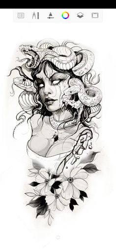 a drawing of a woman with a snake on her head and flowers around her neck