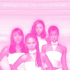 four women in white dresses standing together with the words destiny's child written on them