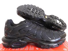 NIKE AIR MAX PLUS "TRIPLE BLACK" Features 100% AUTHENTIC BRAND NEW IN OPEN TOP BOX. COLOR: Black-Black-Black Fantastic running shoes. Very comfortable Equipped with air bubbles in the heel and sole for maximum cushioning Size & Style Info SIZE 13 US MENS INTERNATIONAL SIZES: (12 UK)  (47.5 EU)  (31 CM) Style # 604133 050 Shipping We ship within 1-2 business days (excludes Saturday, Sunday, and holidays) from receipt of payment We do ship to Alaska and Hawaii Tracking will be sent for all purchas Nike Air Max Plus Black, Nike Air Jordan 8, Nike Air Max Plus, Air Max Plus, Triple Black, Nike Fashion, Box Color, Saturday Sunday, Nike Air Zoom