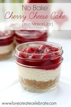 no bake cherry cheesecake cake in a mason jar