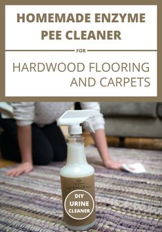 a bottle of hardwood flooring and carpet cleaner sitting on top of a rug next to a woman