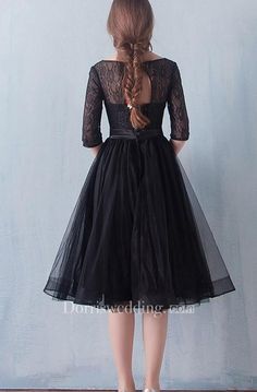 Black Tea-length Dress With Fitted Bodice, Black Long-sleeve Bridesmaid Dress, Long-sleeved Black Bridesmaid Dress, Fit And Flare Tea-length Wedding Dress, Fitted Black Dress With Sashes, Elegant A-line Dress With Sash, Black Bridesmaid Dress For Spring, Black Lace Tea-length Dresses, Black Dress A Line