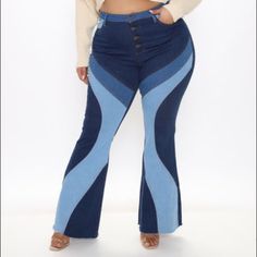 Plus Size High Waist Patchwork Denim Flare Jeans. -Very Stretchy Denim -34” Inseam -11-1/2” Waist Height -Button Up Front With Four Buttons -Fray Hem -67% Cotton, 28% Polyester, 3% Viscose, 2% Spandex -Size 2x Spring Blue Patchwork Flare Jeans, Casual Patchwork Denim Blue Flare Jeans, Fitted Patchwork Denim Flare Jeans, Patchwork Denim Blue Bottoms, Denim Blue Patchwork Bottoms, Fitted Denim Flare Jeans With Patchwork, Patchwork Denim Blue Denim Bottoms, Blue High Rise Patchwork Jeans, Dark Wash Mid-rise Patchwork Jeans