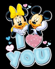 mickey and minnie mouse holding each other with the word i love you in front of them