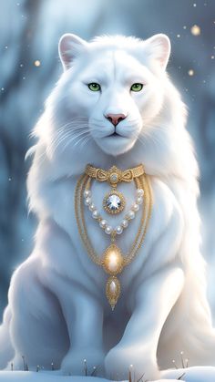 a white cat sitting in the snow wearing a gold necklace