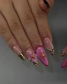 nail inspo, acrylic, almond nails, preppy, y2k, french tips, cheetah print, pink nails, gold nails Almond Nails Preppy, Nail Inspo Acrylic Almond, Pink Cheetah Nails, Pink Gold Nails, Nails Preppy, Pink Leopard Nails, Leopard Print Nail Art, Cheetah Print Pink, Leopard Print Nail