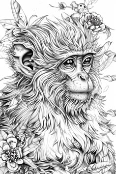 a drawing of a monkey with flowers on its head