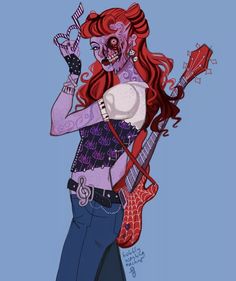 a drawing of a woman with red hair holding a guitar in her right hand and looking at the camera