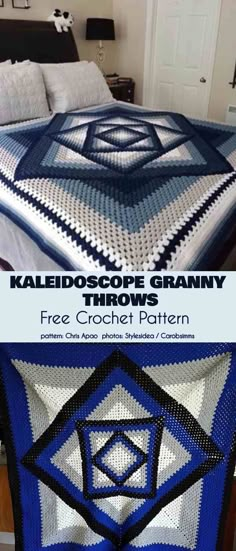 a blue and white crochet afghan on a bed with text overlay that reads kaleidoscope granny free crochet pattern