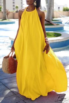 Bjux - Yellow Casual Solid Patchwork Spaghetti Strap Cake Skirt Dresses Cake Skirt, Halter Neck Maxi Dress, Solid Color Dress, Backless Maxi Dresses, Women Maxi, Skirt Design, Orange Dress, Waist Dress, Fashion Colours