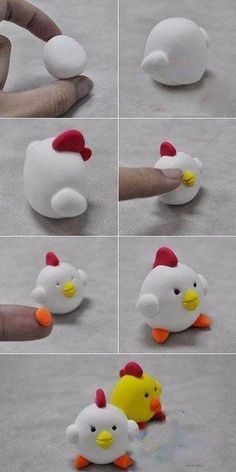 several images of stuffed animals being made to look like chickens