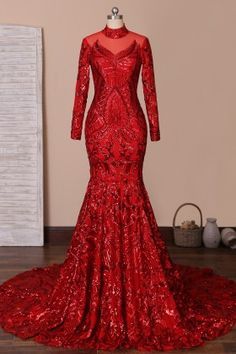 Red Long Sleeve Mermaid Dress For Wedding, Red Long Sleeve Mermaid Dress For Prom, Red Long Sleeve Mermaid Dress For Evening, Red Sequin Mermaid Dress For Prom Season, Red Sequined Mermaid Dress For Prom, Red Sequined Mermaid Dress For Wedding, Chinese Style Wedding Dress, Sequin Mermaid Prom Dress, Long Sleeve Mermaid Prom Dress