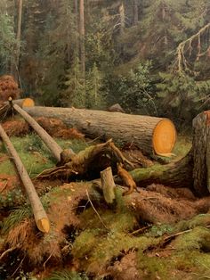 a painting of logs in the woods with grass and trees around them, all being cut down