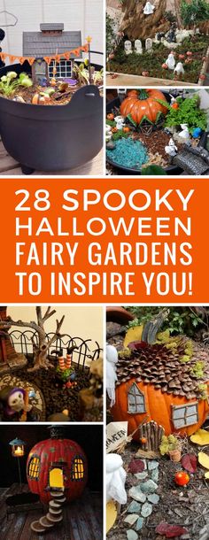 halloween decorations and pumpkins are featured in this collage with the words 28 spooky halloween fairy gardens to inspire you