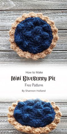 two crocheted blueberry pies sitting on top of a wooden table next to each other