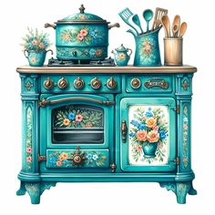 an old fashioned stove painted with flowers and pots on it's side, next to utensils