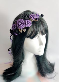 Black And Light Purple Wedding, Black And Purple Accessories, Black And Purple Goth Wedding, Purple Gothic Accessories, Red And Purple Wedding Dress, Black And Purple Wedding Aesthetic, Halloween Wedding Ideas Purple And Black, Black And Dark Purple Wedding Theme, Dark Purple Wedding Dress The Bride